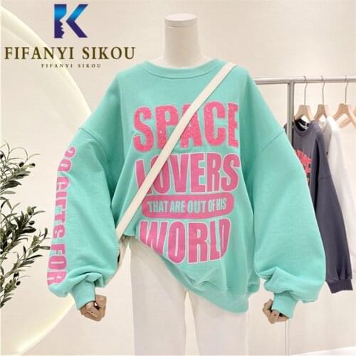 2021 Spring Women Sweatshirt Fashion Sequins Letter Print Hoodies O-Neck Long Sleeve Loose Pullovers Female Casual Sweatshirts