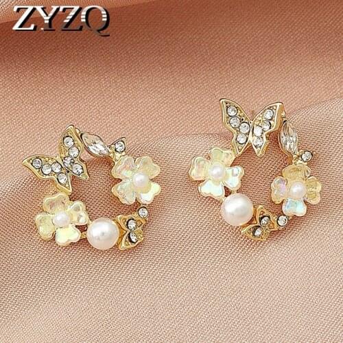 ZYZQ Korean Style Imitation pearls Womens Earrrings With Stone Gold Color Flower Piercing Ear Accessories Earing Jewelry 2021