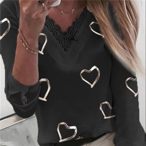 Fall New Tops Ladies' Long-sleeved Fashion Love Printing Clothes V-neck Lace Patchwork Bottoming T-shirts Female Casual Clothing