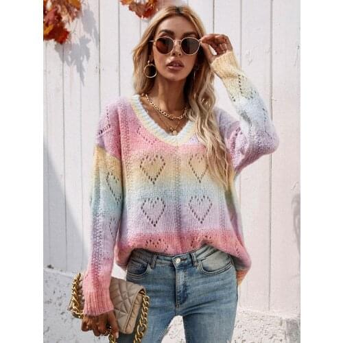 Women Rainbow Color Sweater Elegant Pullover 2021 Autumn Sexy V-Neck Long Sleeve Pullover Tops Ladies Winter Casual Loose Jumper