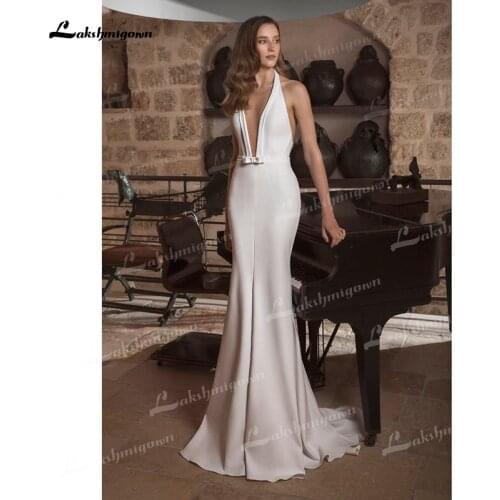 Elegant Soft Satin Mermaid Wedding Dresses Halter Sexy Deep V-Neck Sleeveless Bow Sashes Backless Sweep/Brush Train Bride Gowns