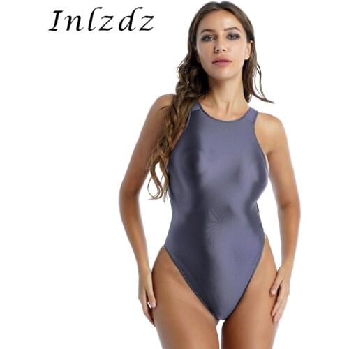 Womens Stretchy Tights Leotard Spa Swimwear Lingerie Cutout Back Bodysuit Solid Color Glossy One-piece Swimsuit Sexy Clubwear