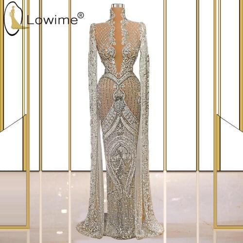 Sexy See Through Luxury Full Beading Silver Evening Dresses 2021 Deep V Neck Muslim Longue Robes Formal Party Pageant Gowns