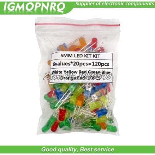 120pcs/lot 6color X 20pcs 5mm LED Light Assorted Kit DIY LEDs Set White Yellow Red Green Blue Orange hjxrhgal
