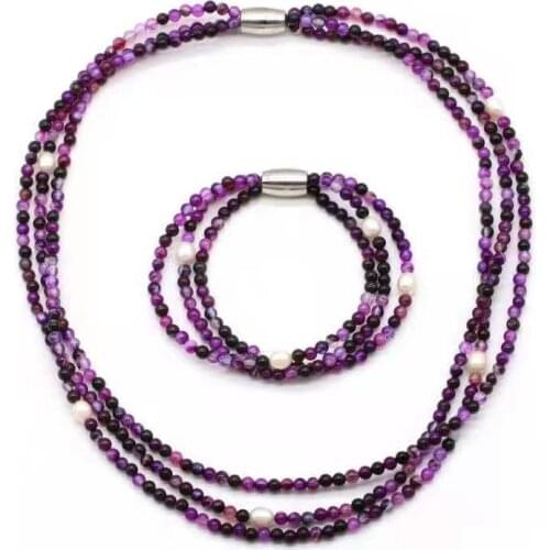 2021 New Purple 3 Layers 4MM Mini Stone Beads Magnetic Necklace Bracelet Set and White Freshwater Pearls Handmade Jewelry SN425