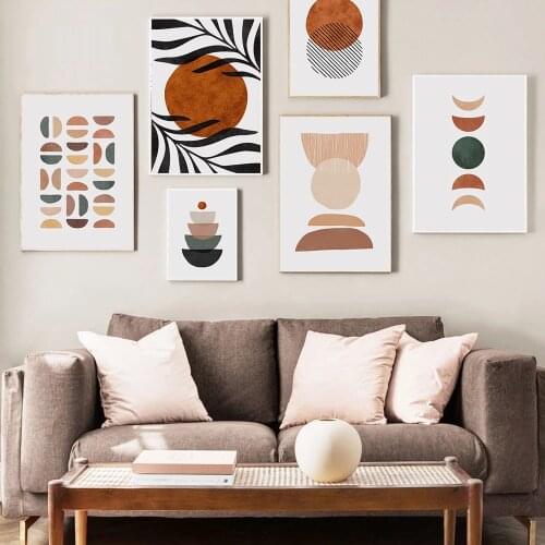 Abstract Geometry Wall Art Poster Print Rainbow Moon Sun Leaves Canvas Painting Modern Wall Art Pictures For Living Room Decor