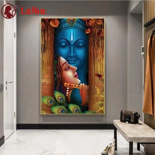 DIY Diamond Painting Lord Radha Krishna With Fute Hindu God Buddha Diamond Mosaic Full Drill Square Cross Stitch Handmade Hobby