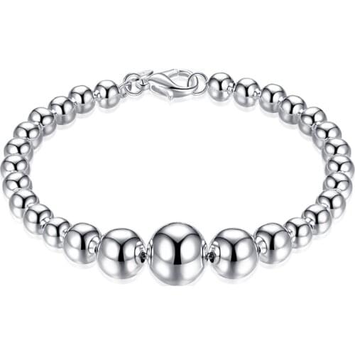 BABYLLNT 925 Silver 10MM/8MM/6MM Vary Size Full Smooth Bead Bracelet 8 Inch For Women Girl Wedding Engagement Charming Jewelry G