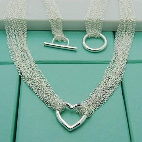Free Shipping Silver 925 Jewelry Multi-Line String Of Heart Love Chain Necklace For Women Party Jewelry Gift
