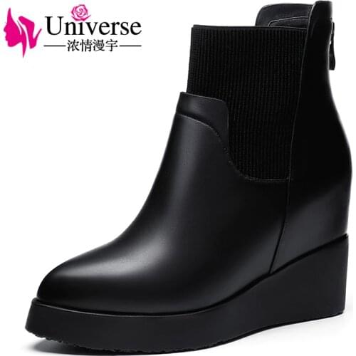 Universe Wedge Heel Genuine Leather Ankle Boots Warm Short Plush Insole Solid Rubber Black Winter Boots Women Shoes C198