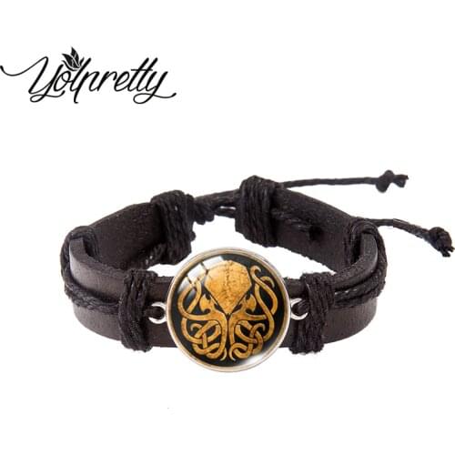 Cthulhu Symbol Round Steampunk Lace-up Leather Bracelet Glass Cabochon Charm Pendants Jewelry for men