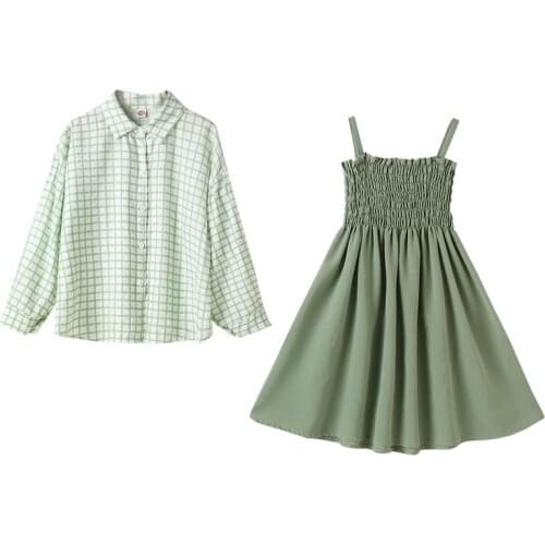 Kids Clothes Girls Dress Sets 2020 New Teenage Girls Summer Outfits Two Piece Suit Plaid Shirts And Dress Children Clothing Set