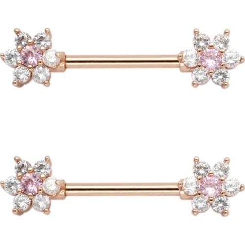 JHJT 14G 2PCS Fashion Women Men Nipple Rings 316L Surgical SS Unisex Charm Flower Nipple Shied Barbells Piercing Body Jewelry