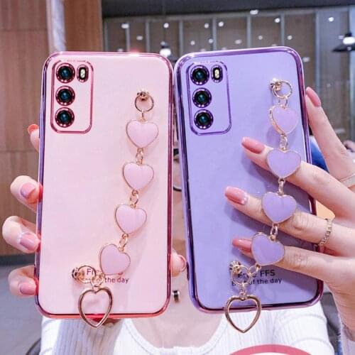 Wrist Bracelet Phone Case For Huawei P40 Pro New Edition Case Luxury Heart Chain Plating Cover For Huawei P40 Pro Lite E 5G Capa