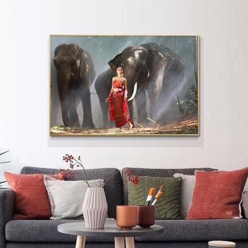 Elephant With Beautiful Women Oil Painting on Canvas Scandinavian Posters and Prints Cuadros Wall Art Pictures For Living Room