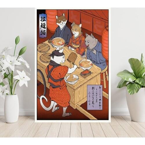 Samurai Cat Ramen Sushi Painting Funny Japanese Poster Cats Restaurant Print Canvas Ukiyoe Wall Art Pictures Home Office Decor