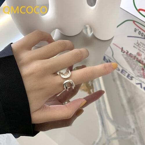 QMCOCO 925 Silver Rings Trendy Vintage Hollow Geometric Symmetry Handmade Party Jewelry Gifts For Women Embellishment