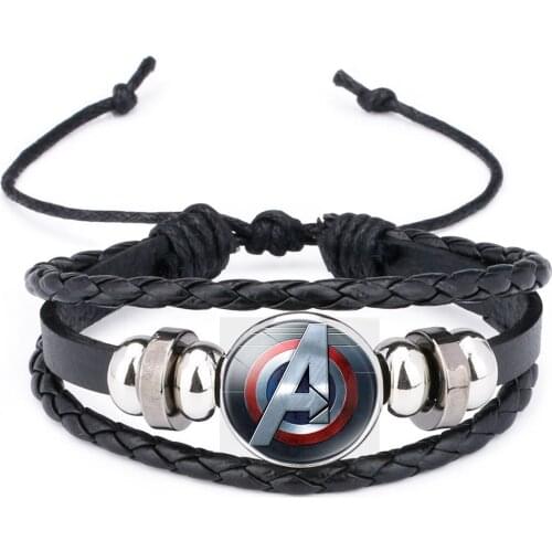 Marvel 3D Black leather bracelet The Avengers iron Man Captain America printing Hero icon glass gem Charm Bracelet wristband