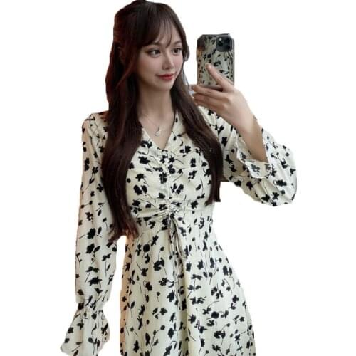 Fashion Plus Size Womens Clothing 2021 Spring Autumn New Korean Long Sleeve Waist Slim Floral Dress 166B