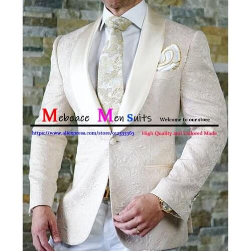 Fashion White Jacquard Mens Suits 2 Piece Sets Casual Wedding Groom Tuxedo Classic Formal Business Blazer Ternos (Jacket+Pants)