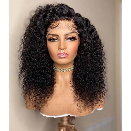 26Inch Kinky Curly Black 180% 13x4 Lace Front Wig For Women Human Remy Hair Babyhair Natural Hairline Brazilian Can Dye Straight