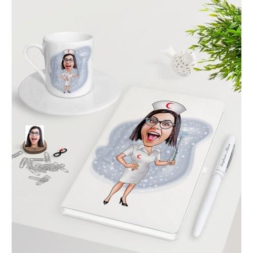 Personalized Nurse Caricature Of White Notebook Pen Turkish Coffee Cup Seti-1