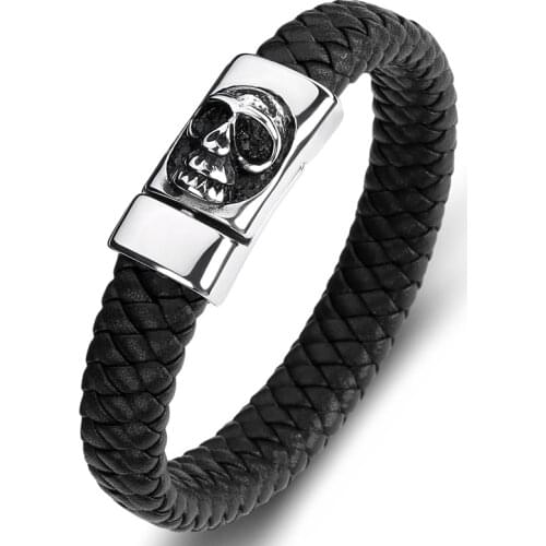 Handmade Multicolor Braided Leather Bangle Men Punk Rock Jewelry Stainless Steel Skull Bracelet Male Fashion Wristband Gift P097