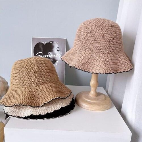 Elegant Hats For Women Bucket Hat Autumn Solid Wavy Edge Flat Top Foldable Travel Wide Brim Cap Female Windproof Girl New 2021