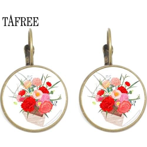 TAFREE Simple Flower Carnation Art Picture Clip Earrings Glass Cabochon For BFF Girl Women Female Gifts Earring Jewelry KL88
