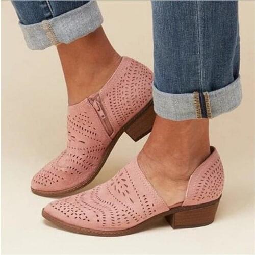 Fretwork Shoes Women Spring Autumn Low Chunky Heel Pointed Toe Side Zip Pumps Short Ankle Sandals Hollow Out Retro Shoes