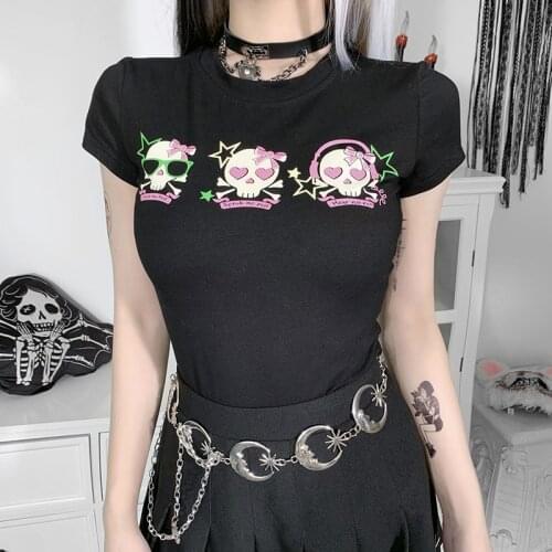 Gothic Skull Print T Shirts Punk Grunge Short Sleeve O Neck Crop Top Mall Goth Harajuku Women Skinny Basic Black Tee