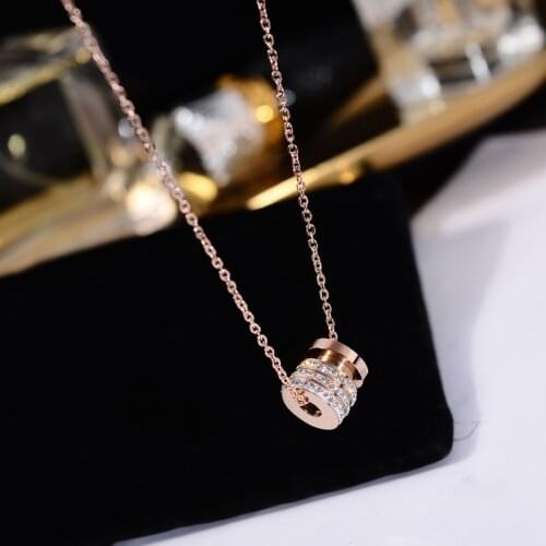 YUN RUO Rose Gold Pave Crystal Round Column Pendant Necklace Fashion Titanium Steel Jewelry Woman Gift Never Fade Drop Shipping