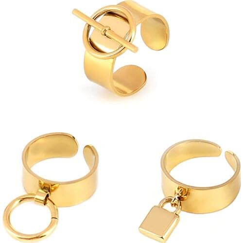 Jewelry Rings Stainless Steel Ring For Women Gold Wide Rings Punk Geometric Open Finger Rings Female Lock Round Charms Rings