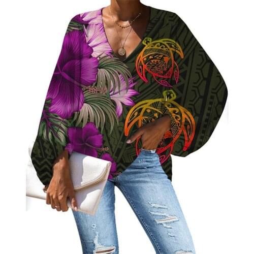 HYCOOL Polynesian Turtle Design Sexy V Neck Chiffon Blouses And Shirts Plus Size Loose Blouse Women Fall Long Sleeve Tops Women