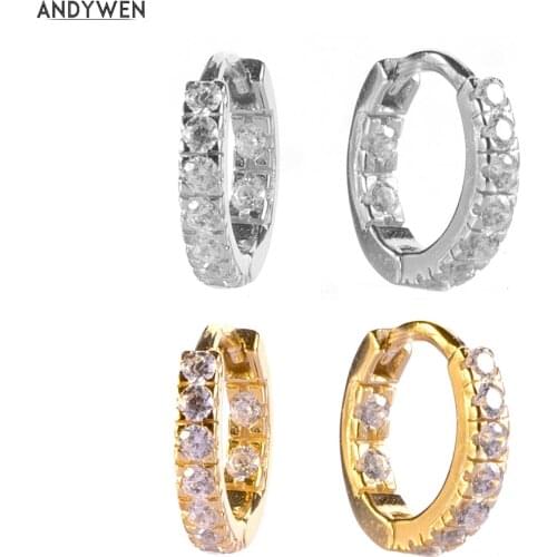 ANDYWEN 925 Sterling Silver Piercing Huggies Piercing Hoops Zircon CZ Crystal Women Circle Round Earring Jewelry 2020 Fashion