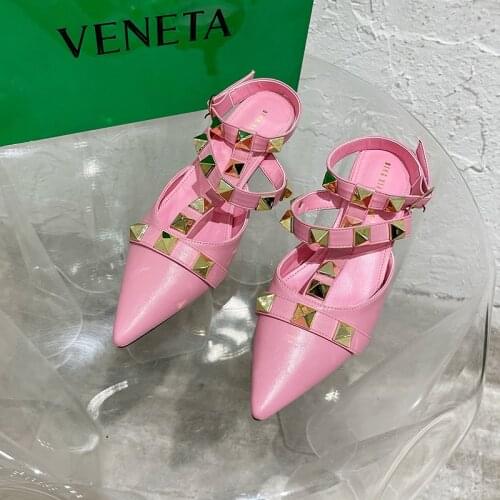 The New Fashion Rivet Tip High Heel Thin Heel Strap A Word Buckle Liuding Sandals Womens Summer