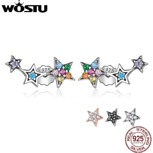 WOSTU 925 Sterling Silver Colorful Sparking CZ Exquisite Stackable Star Stud Earrings For Women Luxury Jewelry Bijoux
