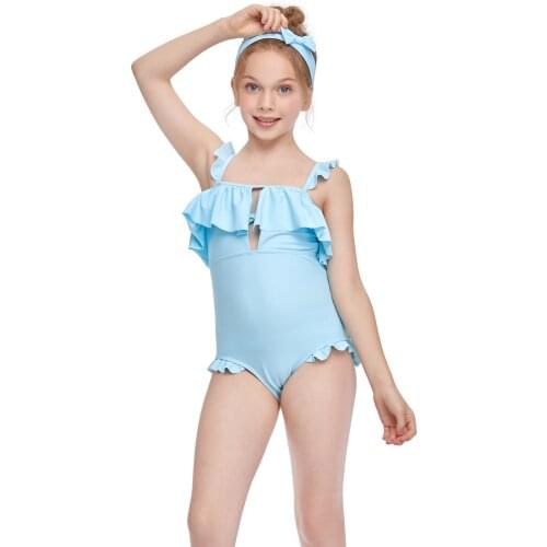 Girl’s Fresh Solid Color 1PC Swimsuit Fashion Ruffles Hollow Backless Suspender Triangle Swimsuit