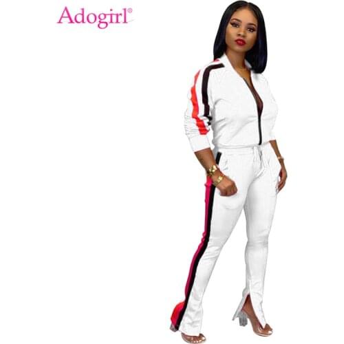 Adogirl Side Stripe Fashion Casual Two Piece Set Women Tracksuit Zipper Long Sleeve Jacket Sweatshirt Top Zipper Slit Pants