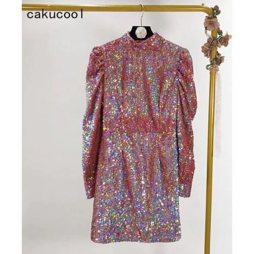 Cakucool Long Sleeved Dress Full Sequined Bling Stand Collar Vestido Elegant Sexy Slim Party Shimmer Pink Red Dresses Luxery