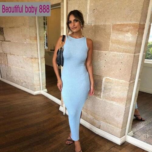 Meqeiss simple pure Sexy low-cut v-neck hollow out femme robe woman dresses leisure street sleeveless Split elegant party dress