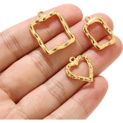 2pcs Gold Tone Stainless Steel Charm Hollow Heart Square Rectangle Pendants Embossing Connectors For DIY Jewelry Making Findings