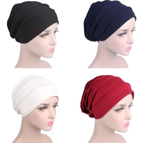 2020 New Elastic Cotton Turban Hat Solid Color Women Warm Winter Headscarf Bonnet Inner Hijabs Cap Muslim Hijab femme Wrap Head