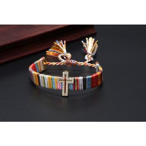 5 pcs/lot ethnic boho charm rainbow mix cz paved tiny cross crown soft cotton silk tassel wrist adjustable handmade bracelet