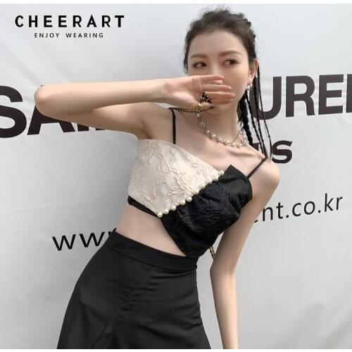 CHEERART Summer 2021 Asymmetrical Crop Top Women Pearl Patchwork Cami Top Jacquard Strappy Fashion Spaghetti Strap Top