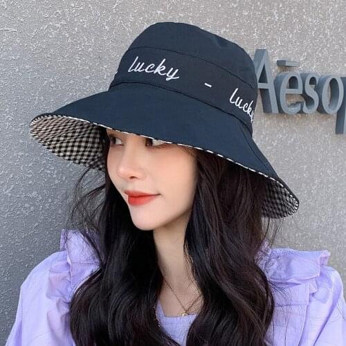 Stylish Plain Cotton Fisherman Plaid Sun Cap Double Side Wear Reversible Bucket Hat Big Brim Trends Sun Cap Holiday Travel Hat