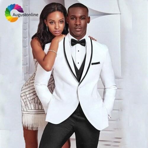 Tailored White Groom Tuxedo Wedding Suits Men Suit 3Piece Jacket Pants Vest Black Shawl Lapel Best Man Blazer Slim Fit Prom Wear
