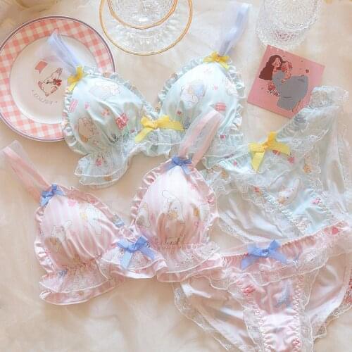 Wriufred Soft cute big ears cinnamon dog underwear set girl Lori bow girl style japanese large size women bra panties set