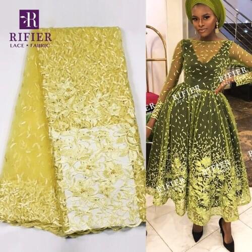 Yellow Color African Stones And Beads Net Lace Fabric For Indian Women Wedding Bride Dresses Material Beaded Embroidered Tulle