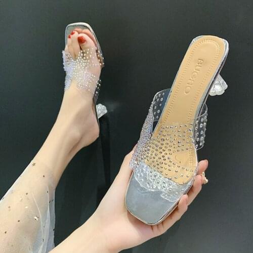 Summer New Fashion Style Crystal Rhinestone Slippers Single Shoes Ladies Party High Heel Transparent Sandals Women Shoes Size 39